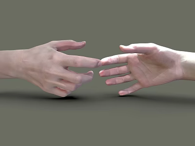 Man's Hands Reaching Out Fingers Almost Touching Gently Against Gray Background 3d model Man's Hands Reaching Out Fingers Almost Touching Gently Against Gray Background 3d model