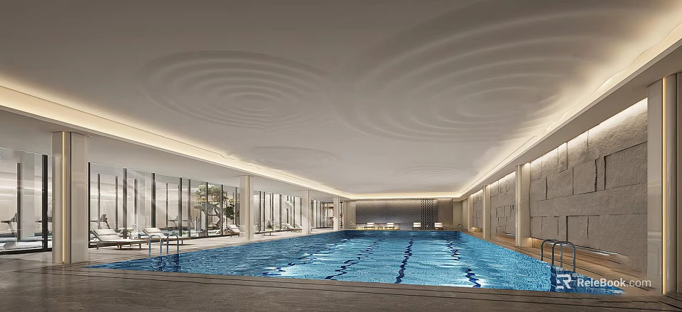 Modern Indoor Swimming Pool Design With Wave Pattern Ceiling And Lounge Chairs 3d model 