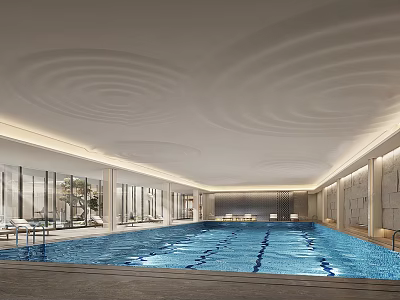 Modern Indoor Swimming Pool Design With Wave Pattern Ceiling And Lounge Chairs 3d model
