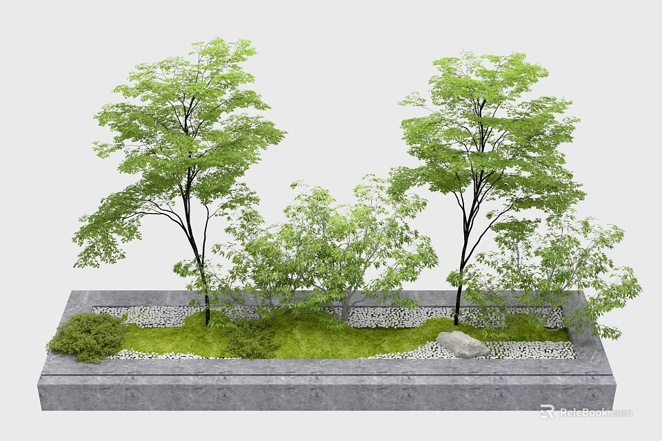 Garden Ornamental Display With Two Trees Green Grass Pebbles And Stone Container 3d model 
