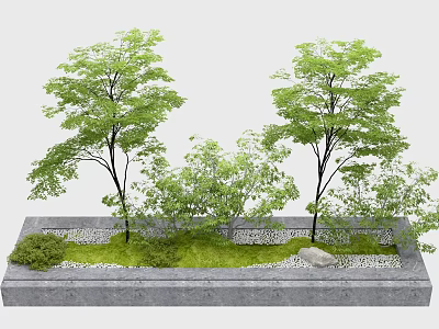 Garden Ornamental Display With Two Trees Green Grass Pebbles And Stone Container 3d model