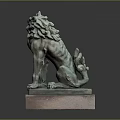 Ancient Bronze Lion Sculpture With Square Stone Base And Intricate Details