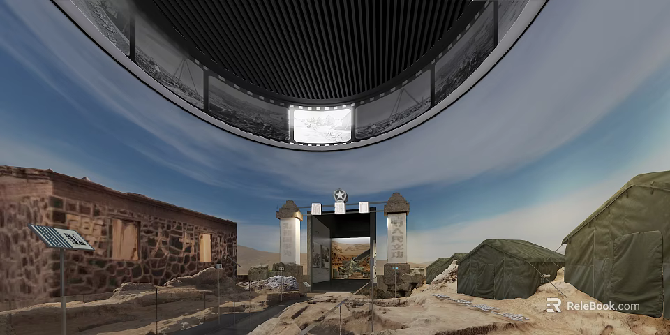 Cultural Center Exhibition With Circular Roof Black And White Historical Photos Stone House Tents 3d model 
