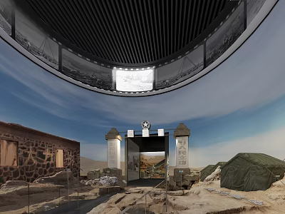 Cultural Center Exhibition With Circular Roof Black And White Historical Photos Stone House Tents 3d model