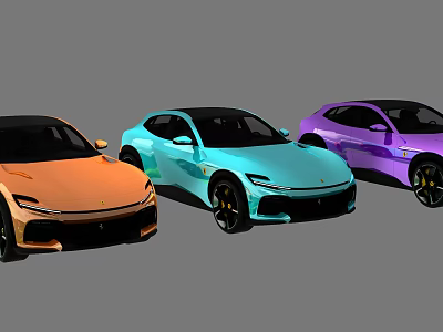 Colorful Modern Sports Cars In Orange Light Blue And Purple With Sleek Design 3d model