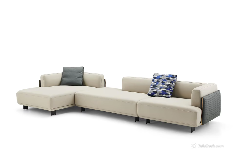 Modern Beige L Shaped Sectional Sofa With Gray And Blue Patterned Pillows 3d model