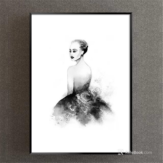 Elegant Female Back View Figure Painting In Ink Wash Style With Floral Pattern Dress 3d model 