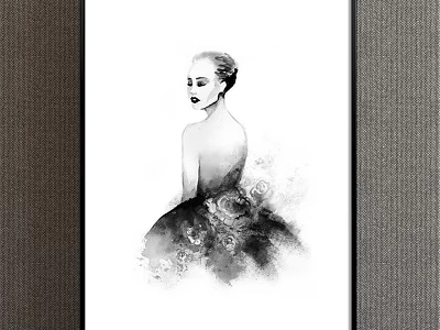 Elegant Female Back View Figure Painting In Ink Wash Style With Floral Pattern Dress 3d model
