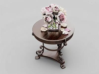 Elegant Dark Wooden Round Coffee Table With Carved Legs And Pink White Flower Bouquet 3d model