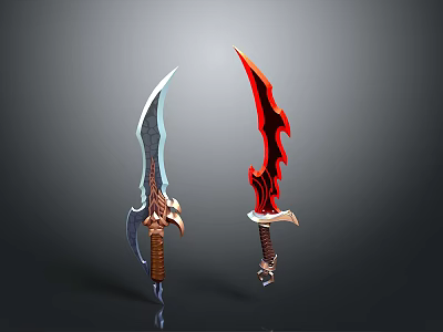Stylish Weapon Knives With Blue and Red Blades And Ornate Decorative Handles 3d model