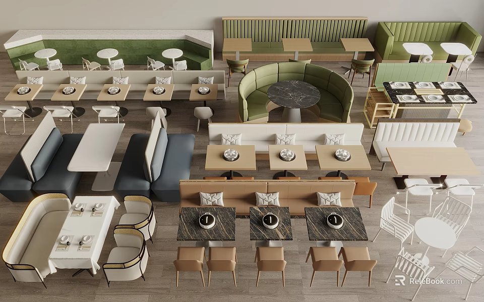 Modern Restaurant Interior With Various Seating Options Booth Sofa And Tables 3d model