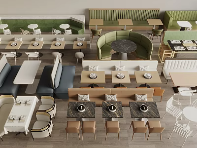 Modern Restaurant Interior With Various Seating Options Booth Sofa And Tables 3d model