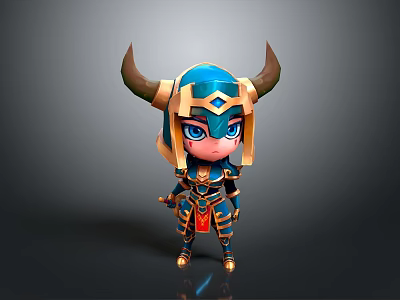 Chibi Style Fantasy Warrior Character With Blue Armor Golden Horns And Weapon 3d model