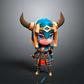 Chibi Style Fantasy Warrior Character With Blue Armor Golden Horns And Weapon