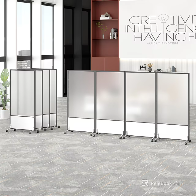 Modern Office Workspace Design With Glass Partition Screens And Mobile Divider Furniture 3d model 