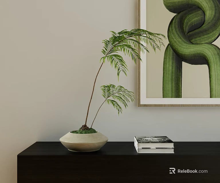 Bonsai Plant With Green Leaves In Light Colored Pot On Black Shelf And Abstract Painting 3d model 