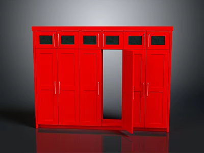 Vibrant Red Storage Cabinet with Multiple Doors One Door Open and Small Top Windows 3d model
