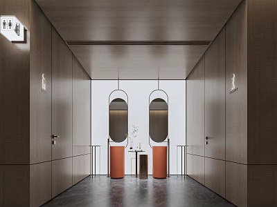 Modern Public Restroom Interior With Wooden Walls Oval Mirrors And Orange Washbasins 3d model