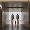 Modern Public Restroom Interior With Wooden Walls Oval Mirrors And Orange Washbasins