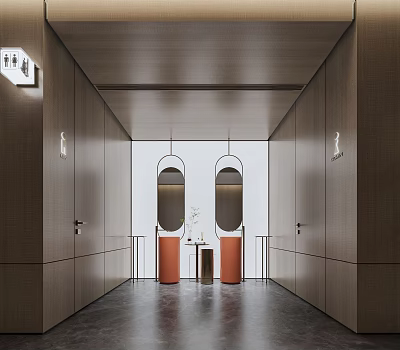 Modern Public Restroom Interior With Wooden Walls Oval Mirrors And Orange Washbasins 3d model