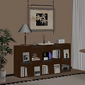 Cozy Living Room Interior With Wooden Bookshelf Framed Artwork Table Lamp And Green Plant Curtains
