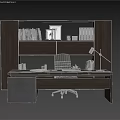 Modern Office Desk With Gray Chair Desk Lamp Bookshelf Books Picture Frames And File Folders