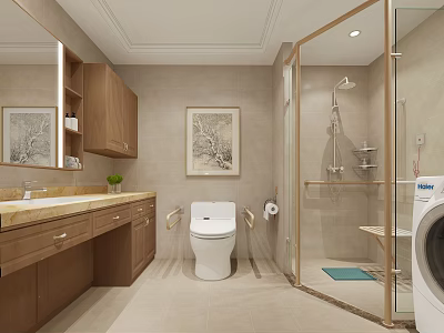 Bathroom Interior With Wooden Cabinets Vanity With Sink Toilet Glass Shower And Washing Machine 3d model