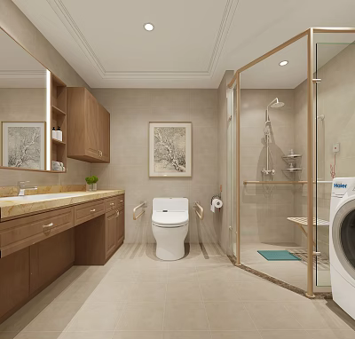 Bathroom Interior With Wooden Cabinets Vanity With Sink Toilet Glass Shower And Washing Machine 3d model