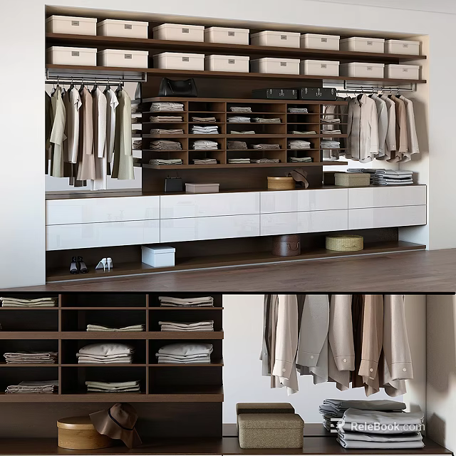 Organized Modern Wardrobe Design With Hanging Clothes Folded Garments Drawers And Storage Shelves 3d model 