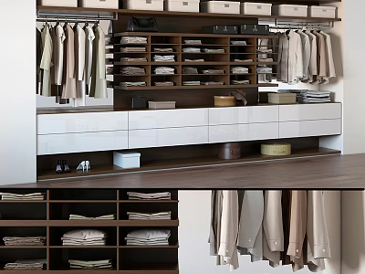 Organized Modern Wardrobe Design With Hanging Clothes Folded Garments Drawers And Storage Shelves 3d model