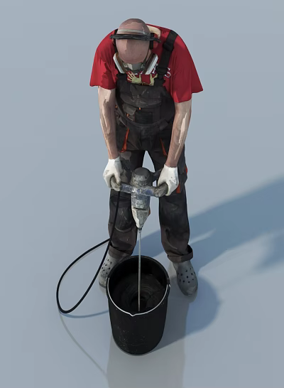 Man Operating Cement Mixer in Red Shirt Work Overalls with White Gloves and Bucket 3d model