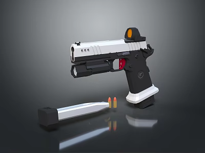 Tactical White and Black Pistol with Magazine and Bullets on Reflective Surface 3d model Tactical White and Black Pistol with Magazine and Bullets on Reflective Surface 3d model