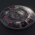 Futuristic Disk Structure With Red And White Glowing Lines And Complex Illuminated Patterns