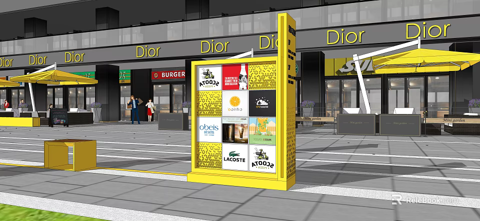 Commercial Retail District Landscape Featuring Yellow Brand Signage Luxury Stores And Pedestrians 3d model 
