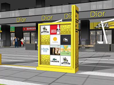 Commercial Retail District Landscape Featuring Yellow Brand Signage Luxury Stores And Pedestrians 3d model