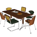 Modern Wooden Table and Chair Set with Colored Seats Metal Legs Book and Fruit Plate