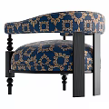 Ornate Blue And Gold Floral Pattern Armchair With Black Wooden Arms And Legs