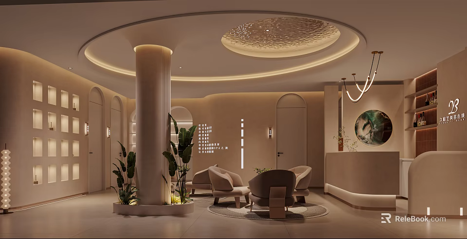 Modern Beauty Hair Salon Reception Area With Soft Lighting Curved Design And Comfortable Seats 3d model 