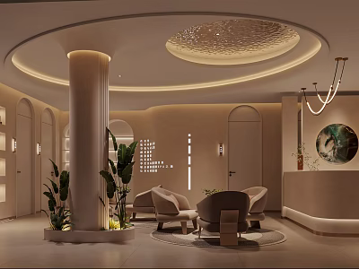 Modern Beauty Hair Salon Reception Area With Soft Lighting Curved Design And Comfortable Seats 3d model