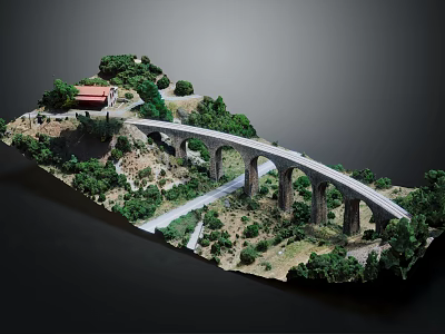 Stone Arch Bridge Model With Green Vegetation Hills And Red Roof Building 3d model