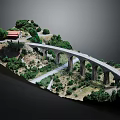 Stone Arch Bridge Model With Green Vegetation Hills And Red Roof Building