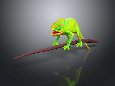 Green and Yellow Chameleon with Open Mouth Standing on Brown Branch and Black Background 3d model