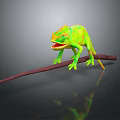 Green and Yellow Chameleon with Open Mouth Standing on Brown Branch and Black Background