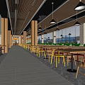 Modern Restaurant Interior With Colorful Chairs Wooden Tables And Pendant Lights
