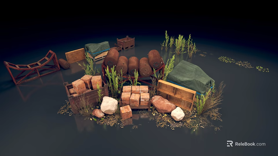 Outdoor Scene With Wooden Crates Sacks Stones And Green Grass Plants 3d model 