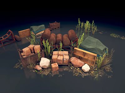 Outdoor Scene With Wooden Crates Sacks Stones And Green Grass Plants 3d model