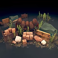 Outdoor Scene With Wooden Crates Sacks Stones And Green Grass Plants