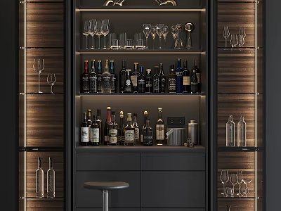 Modern Wine Cabinet Design With LED Lighting Wooden Shelves And Glass Doors 3d model