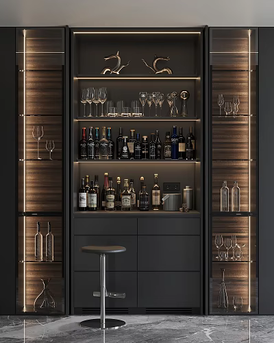 Modern Wine Cabinet Design With LED Lighting Wooden Shelves And Glass Doors 3d model