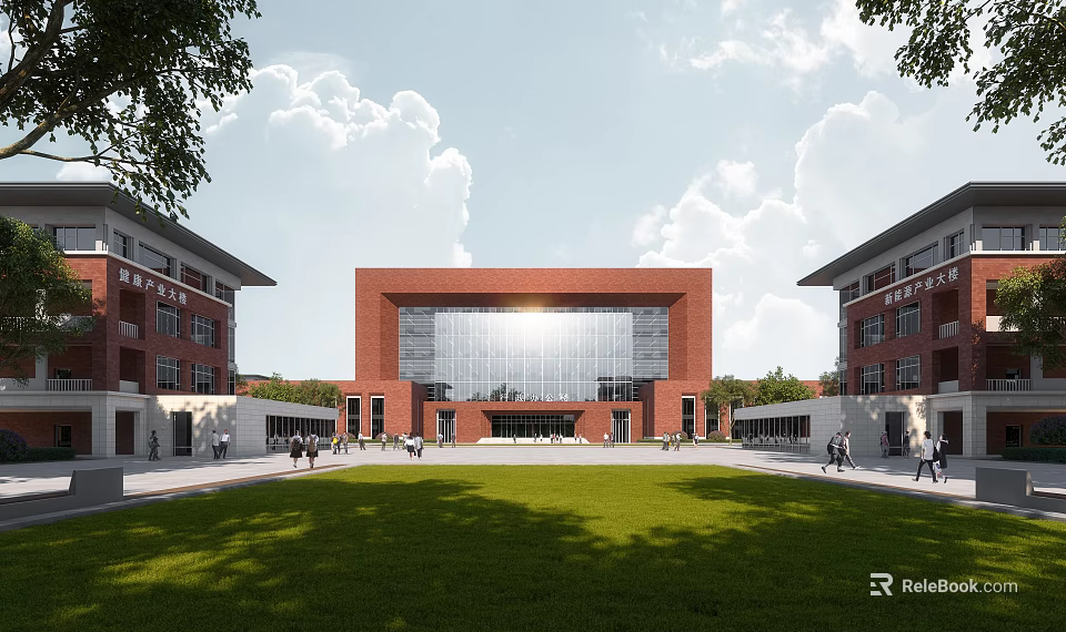 Red Brick School Building With Central Glass Facade Flanked By Wings And Green Lawn Area 3d model 